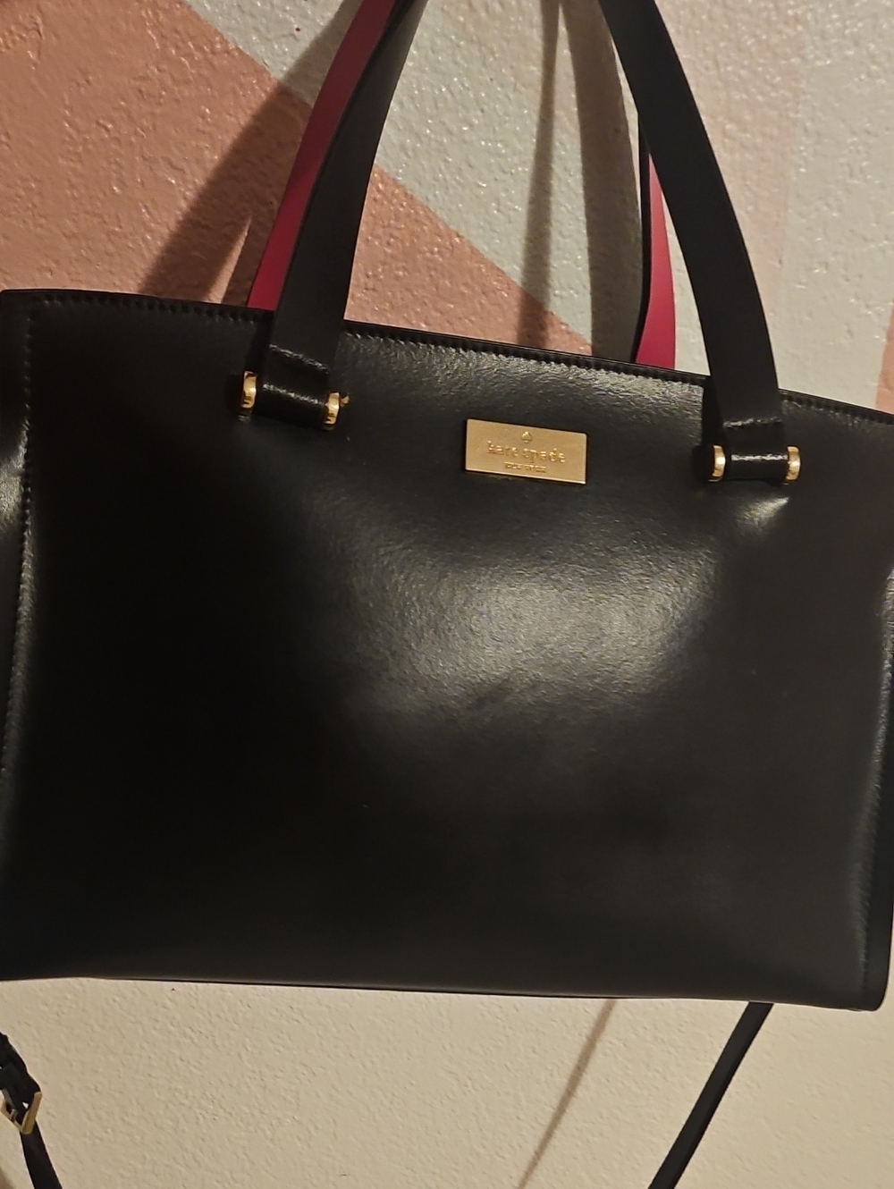 kate spade Black Leather Tote with Pink Interior Trim